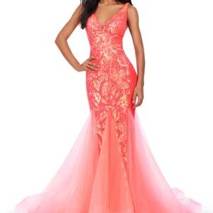Ashley Lauren Neon Coral Sequin Gown